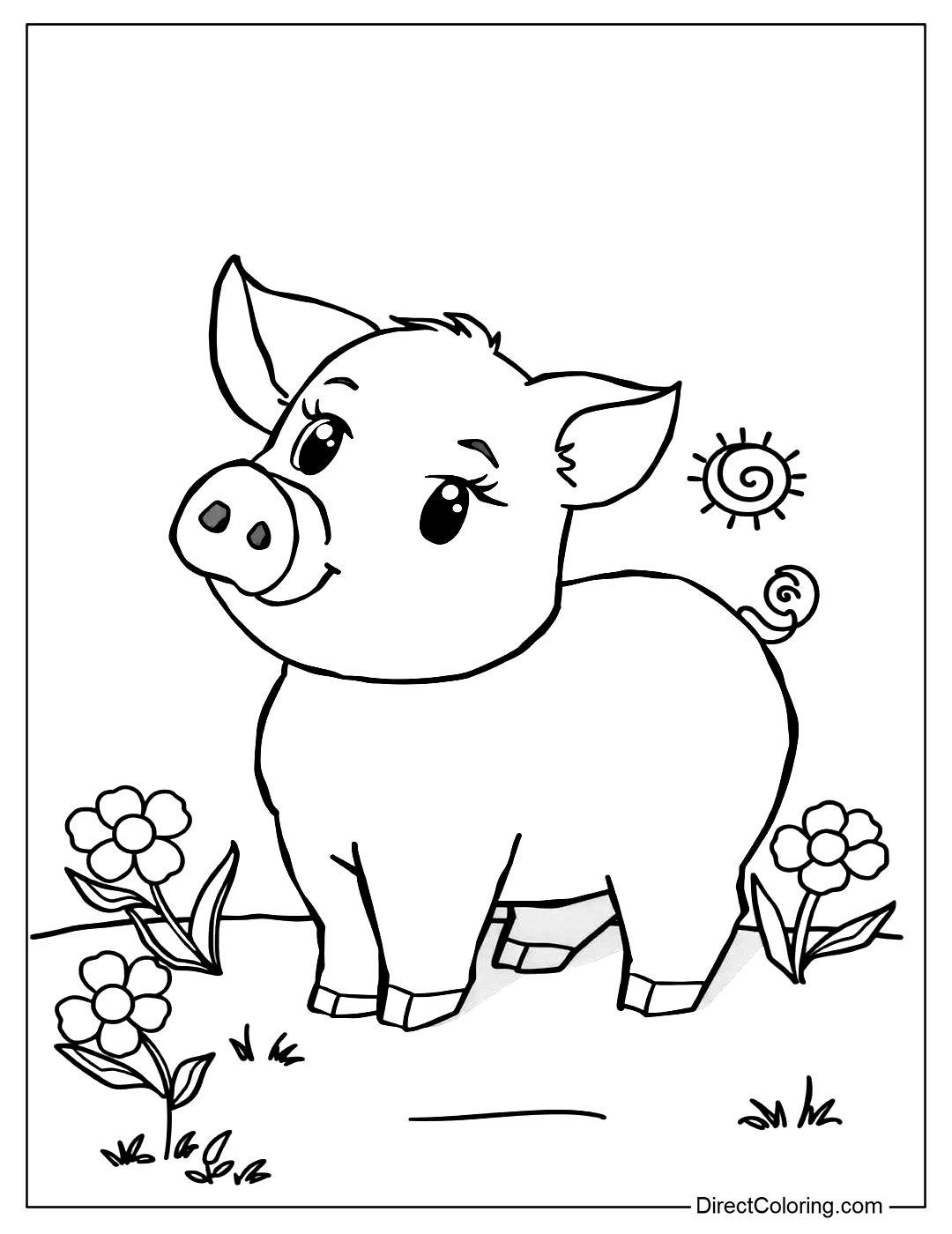 Cute Pig in a Flower Garden Coloring Page